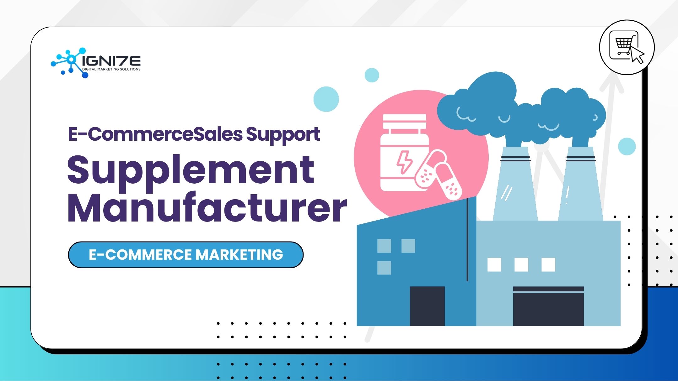 Digital marketing graphic for e-commerce sales support of supplement manufacturers featuring factory illustration and supplement bottle with capsules.