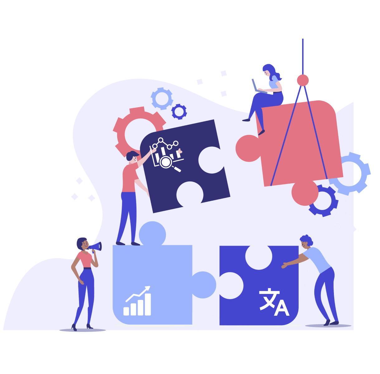 Illustration of four people assembling large colorful puzzle pieces with icons representing data analysis, growth, and translation.