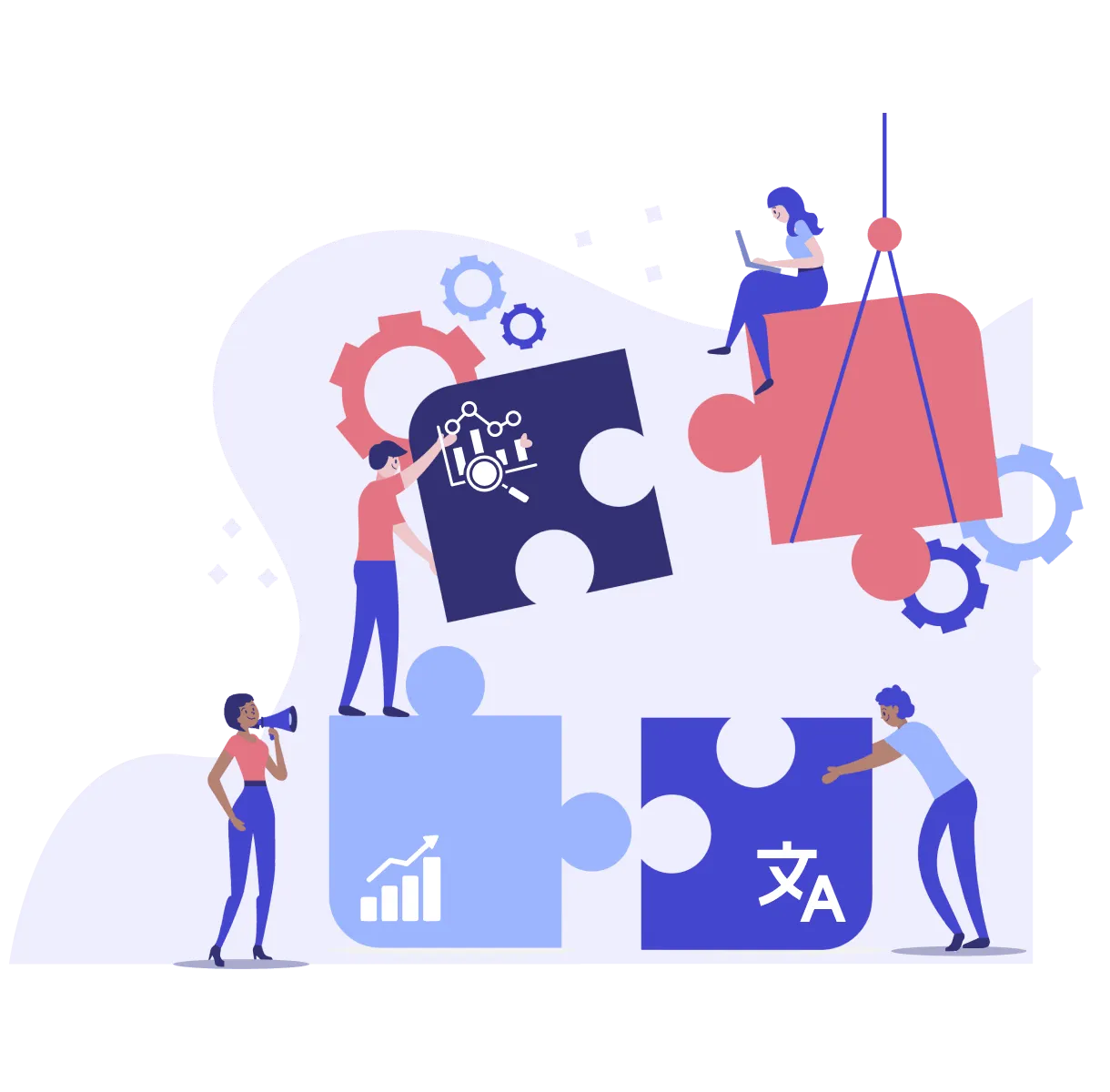 Illustration of four people assembling large colorful puzzle pieces with icons representing data analysis, growth, and translation.